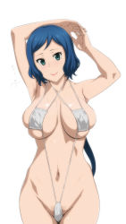 Rule 34 | 10s, 1girl, absurdres, armpits, arms up, bikini, blue hair, breasts, closed mouth, commentary request, eyepatch bikini, facial hair, green eyes, gundam, gundam build fighters, highres, hip focus, iori rinko, large breasts, long hair, looking at viewer, mature female, navel, revision, sideboob, simple background, slingshot swimsuit, smile, solo, standing, stomach, stubble, swimsuit, tonotyama, underboob, white background, white bikini
