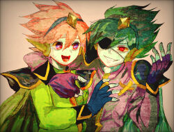 Rule 34 | 2boys, aqua headband, black gloves, cape, captain spaceboy, colored skin, dual persona, elbow on another&#039;s shoulder, eyepatch, gem (symbol), gloves, green hair, green shirt, green skin, grin, hair between eyes, highres, long sleeves, multiple boys, omori, one eye covered, open mouth, partially fingerless gloves, pink shirt, red eyes, red hair, shirt, smile, sweatdrop, user sama3827