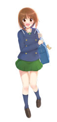 Rule 34 | 1girl, absurdres, bag, blue coat, blue socks, blush, boko (girls und panzer), brown eyes, brown footwear, brown hair, buttons, carrying, coat, commentary, double-breasted, girls und panzer, green skirt, highres, jacket, loafers, long sleeves, looking at viewer, maikaooba, miniskirt, nishizumi miho, ooarai school uniform, open mouth, pleated skirt, sailor collar, school bag, school uniform, shoes, short hair, simple background, skirt, smile, socks, standing, standing on one leg, stuffed animal, stuffed toy, teddy bear, white background, winter uniform