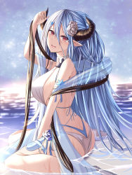 Rule 34 | 1girl, absurdres, blue hair, blush, breasts, draph, granblue fantasy, highres, horns, izmir, kanpyou (hghgkenfany), kneeling, large breasts, light blue hair, long hair, official alternate costume, partially submerged, pointy ears, red eyes, solo, very long hair, wet