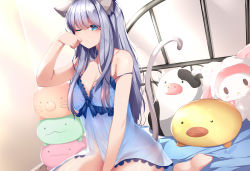 Rule 34 | 1girl, absurdres, animal ear fluff, animal ears, babydoll, bed, blue eyes, breasts, cat ears, cat tail, copyright request, highres, kana616, long hair, looking at viewer, no panties, one eye closed, paw pose, purple hair, see-through, sitting, small breasts, solo, strap slip, stuffed toy, tail, virtual youtuber, wariza