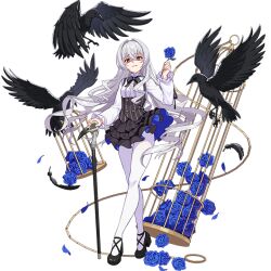 Rule 34 | 1girl, allan poe (honkai impact), animal, bird, birdcage, black footwear, blue flower, blue rose, cage, cane, crow, falling petals, feathers, flower, full body, holding, holding cane, holding flower, honkai (series), honkai impact 3rd, long hair, official art, petals, red eyes, rose, shoes, skirt, smirk, third-party source, transparent background, white hair