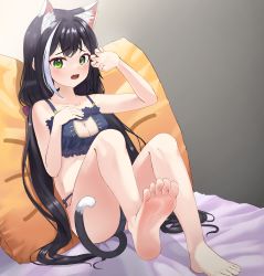 Rule 34 | 1girl, absurdres, animal ear fluff, animal ears, bare arms, bare legs, barefoot, bed sheet, black hair, blush, bow, bra, breasts, cat cutout, cat ears, cat girl, cat lingerie, cat tail, cinderella bust, cleavage, cleavage cutout, clothing cutout, collarbone, daon 1798, embarrassed, fang, green eyes, grey background, grey bra, grey panties, hair bow, hair intakes, highres, karyl (princess connect!), leaning back, long hair, looking at viewer, low twintails, medium breasts, meme attire, multicolored hair, open mouth, panties, pillow, princess connect!, purple bow, side-tie panties, silver hair, sitting, soles, solo, streaked hair, tail, tears, twintails, underwear, underwear only, very long hair