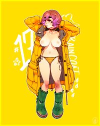 Rule 34 | 1girl, absurdres, arms behind head, boots, breasts, brown eyes, brown hair, cheunchin, choker, coat, commentary, crocodile print, english commentary, fingernails, flashing, full body, gluteal fold, green footwear, highres, large breasts, long coat, looking to the side, mismatched eyebrows, mole, mole on breast, navel, nearly naked coat, open clothes, open coat, original, panties, pigeon-toed, print footwear, puckered lips, puffy nipples, rubber boots, raincoat, rubber boots, short hair, side-tie panties, solo, standing, thick eyebrows, thigh gap, underwear, yellow background, yellow coat, yellow panties