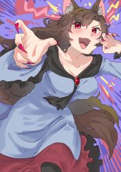 Rule 34 | 1girl, abstract background, animal ears, ascot, black ascot, black collar, blue dress, blush, breasts, brown hair, claw pose, collar, collarbone, curtained hair, dress, emphasis lines, facing viewer, fang, fingernails, frilled dress, frilled sleeves, frills, heart, highres, imaizumi kagerou, large breasts, long fingernails, long hair, open mouth, red brooch, red eyes, red nails, sharp fingernails, sideways glance, slit pupils, smile, sobayu to tenpura, solo, tail, touhou, wolf ears, wolf girl, wolf tail