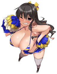 Rule 34 | 1girl, absurdres, alternate costume, bare shoulders, bikini, black hair, blush, breasts, cheerleader, cleavage, commentary request, from above, grin, hair ribbon, highres, huge breasts, kantai collection, large breasts, long hair, looking at viewer, micro bikini, multicolored hair, naganami (kancolle), one eye closed, pink hair, pom pom (cheerleading), ribbon, shoes, simple background, skirt, smile, solo, string bikini, swimsuit, thighhighs, two-tone hair, white background, yellow eyes, yoshi tama