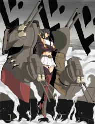 Rule 34 | 10s, 1girl, absurdres, bare shoulders, black gloves, black hair, breasts, cannon, crossed arms, elbow gloves, gloves, hair ornament, hairband, headgear, highres, kantai collection, large breasts, long hair, nagato (kancolle), navel, oversized object, red eyes, skirt, smoke, thighhighs, turret, versapro, weapon