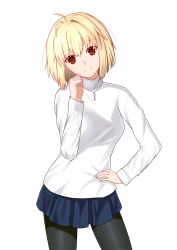 Rule 34 | 1girl, ahoge, arcueid brunestud, asymmetrical hair, blonde hair, breasts, hand on own hip, highres, jewelry, long sleeves, looking at viewer, miniskirt, necklace, pantyhose, red eyes, simple background, skirt, solo, sweater, tsukihime, turtleneck, turtleneck sweater, white background, xingye you xia