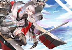 Rule 34 | 1girl, absurdres, azur lane, bad id, bad pixiv id, black footwear, black thighhighs, boots, breasts, commentary, cup6542, day, detached collar, dunkerque (azur lane), gloves, highres, holding, holding sword, holding weapon, long sleeves, looking at viewer, ocean, outdoors, red eyes, red gloves, rigging, sidelocks, solo, sword, thigh boots, thighhighs, walking, walking on liquid, water, water drop, weapon, white hair