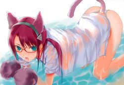 Rule 34 | 1girl, all fours, animal ears, animal hands, aqua eyes, bikini, cat ears, cat paws, cat tail, fuyuno haruaki, hairband, highres, makinami mari illustrious, neon genesis evangelion, no pants, panties, rebuild of evangelion, red hair, scan, see-through, see-through silhouette, solo, swimsuit, tail, tongue, tongue out, twintails, underwear, water, wet, wet clothes, white panties