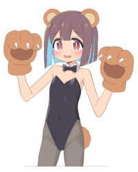 Rule 34 | 1girl, :d, animal ears, animal hands, bare arms, bare shoulders, bear ears, bear tail, black bow, black bowtie, black leotard, blue hair, blunt bangs, blunt ends, blush, bow, bowtie, brown eyes, brown hair, claws, commentary, covered navel, cowboy shot, cropped legs, detached collar, dot nose, fang, fishnet pantyhose, fishnets, flat chest, gloves, hands up, highleg, highleg leotard, hozuki momiji, leotard, looking at viewer, nontraditional playboy bunny, onii-chan wa oshimai!, open mouth, pantyhose, paw gloves, paw pose, rundraw, short hair, simple background, smile, solo, strapless, strapless leotard, symbol-only commentary, tail, white background
