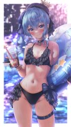 Rule 34 | 1girl, absent, absurdres, beret, bikini, black bikini, blue choker, blue eyes, blue hair, blurry, blurry background, blush, border, breasts, choker, closed mouth, crown, cup, disposable cup, drinking straw, frilled bikini, frills, gloves, gluteal fold, groin, hat, highres, holding, holding cup, holding swim ring, hololive, hoshimachi suisei, innertube, looking at viewer, mini crown, navel, partially fingerless gloves, plaid, side ponytail, small breasts, smile, solo, star (symbol), star choker, stomach, swim ring, swimsuit, thigh strap, thighs, virtual youtuber, wet, white border