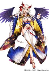 Rule 34 | 1girl, age of ishtaria, blue eyes, blush, breasts, copyright name, copyright notice, feathered wings, floral print, flower, full body, grey hair, groin, hair flower, hair ornament, highres, holding, holding smoking pipe, japanese clothes, kimono, kiseru, large breasts, looking at viewer, munlu (wolupus), navel, no panties, open mouth, print kimono, purple wings, red flower, red rose, rose, sandals, simple background, smoking pipe, sojobo (age of ishtaria), solo, standing, white background, wide sleeves, wings, zouri