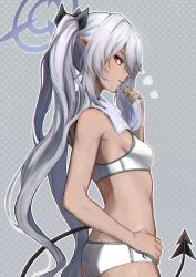 Rule 34 | 1girl, armpit crease, bare arms, bare shoulders, blue archive, breasts, buruma, dark-skinned female, dark skin, demon tail, grey background, grey hair, halo, heavy breathing, highres, iori (blue archive), long hair, looking at viewer, parted lips, pointy ears, profile, red eyes, saco (cgmore), sideboob, small breasts, solo, sports bra, sportswear, standing, sweat, tail, toned, towel, towel around neck, twintails, very long hair, white buruma