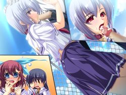 Rule 34 | 1boy, 3girls, black hair, blush, cloud, cum, cum in mouth, fellatio, fence, game cg, goshujinsama daisuki, kuu spitfire, maid headdress, multiple girls, murakumo sakura, oral, penis, red eyes, red hair, school uniform, shishiouin hime, short hair, silver hair, sky, uncensored