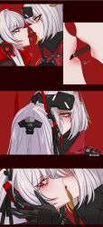 Rule 34 | 01pado pado, 2girls, alpha (punishing: gray raven), black jacket, blush, eye contact, food in mouth, forehead protector, grey hair, hand on another&#039;s head, hand on another&#039;s shoulder, headgear, headphones, highres, incoming pocky kiss, jacket, long hair, looking at another, looking down, lucia: crimson abyss (punishing: gray raven), medium hair, multiple girls, orange eyes, pocky, pocky in mouth, punishing: gray raven, red background, red eyes, red scarf, rosetta (punishing: gray raven), scarf, sidelocks, sweat, yuri