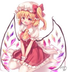 Rule 34 | 1girl, ascot, back bow, blonde hair, blush, bow, breasts, buttons, collared shirt, crystal, fang, flandre scarlet, frilled ascot, frilled bow, frilled shirt collar, frilled skirt, frilled sleeves, frills, full body, hat, hat bow, kemo chiharu, large bow, medium hair, multicolored wings, no shoes, one side up, open mouth, puffy short sleeves, puffy sleeves, red bow, red eyes, shirt, short sleeves, signature, simple background, sitting, skirt, sleeve ribbon, small breasts, solo, thighhighs, touhou, v arms, wariza, white background, white bow, white hat, white shirt, white thighhighs, wings, wrist cuffs, yellow ascot
