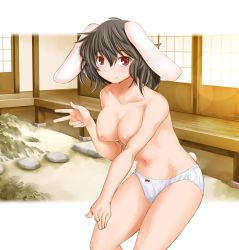 Rule 34 | 1girl, aged up, animal ears, black hair, blush, breasts squeezed together, breasts, carrot, cleavage, female focus, inaba tewi, jewelry, kasuga yukihito, large breasts, necklace, nipples, no pants, panties, pendant, rabbit ears, red eyes, short hair, solo, topless, touhou, underwear, v, white panties