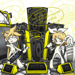 Rule 34 | 1boy, 1girl, animenishikihebi, animenisikihebi, blonde hair, blue eyes, brother and sister, cable, city, flat chest, hair ornament, hairclip, headphones, holding, instrument, jitome, kagamine len, kagamine rin, keytar, looking at viewer, microphone, navel, nipples, nude, penis, pointing, pussy, short hair, siblings, speaker, speech bubble, steamroller, strap, twins, vocaloid