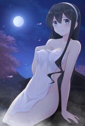 Rule 34 | 1girl, azuki-iro, black hair, blush, breasts, cherry blossoms, collarbone, covered erect nipples, covered navel, covering privates, full moon, hairband, highres, holding, holding towel, kantai collection, long hair, looking at viewer, medium breasts, moon, night, night sky, no eyewear, nude cover, onsen, ooyodo (kancolle), outdoors, semi-rimless eyewear, sitting, sky, smile, soaking feet, solo, steam, towel, under-rim eyewear, water