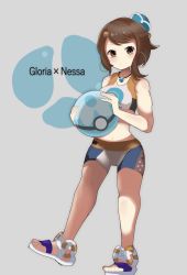 Rule 34 | 1girl, bare arms, bike shorts, blush, brown eyes, brown hair, character name, commentary request, cosplay, creatures (company), dive ball, earrings, eyelashes, full body, game freak, gloria (pokemon), hair bun, highres, holding, holding poke ball, hoop earrings, jewelry, looking at viewer, navel, necklace, nessa (pokemon), nessa (pokemon) (cosplay), nintendo, poke ball, pokemon, pokemon swsh, sandals, single hair bun, solo, standing, toes, umiru