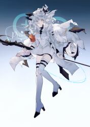 Rule 34 | 1girl, absurdres, aiou huayuye, arknights, armband, boots, character name, dress, full body, gradient background, high heels, highres, holding, holding staff, looking at viewer, orange armband, ptilopsis (arknights), ptilopsis (elite ii) (arknights), rhine lab logo, simple background, solo, staff, trail, white dress, white hair, yellow eyes
