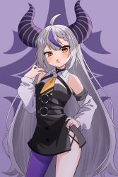 Rule 34 | 1girl, absurdres, bakedmonogamy, black dress, black thighhighs, demon girl, demon horns, demon tail, detached sleeves, dress, hand on own hip, highres, hololive, horns, la+ darknesss, long hair, looking at viewer, multicolored hair, pointy ears, purple hair, single thighhigh, solo, streaked hair, striped horns, tail, thighhighs, virtual youtuber, white hair, white sleeves, yellow eyes