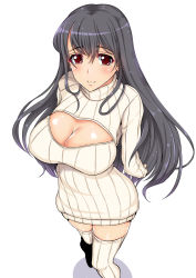 Rule 34 | 10s, 1girl, black hair, blush, breasts, cleavage, cleavage cutout, clothing cutout, female focus, fusou (kancolle), highres, kantai collection, large breasts, long hair, looking at viewer, meme attire, open-chest sweater, red eyes, ribbed sweater, smile, solo, sweater, tanizakura shidare, turtleneck