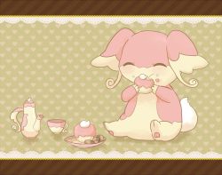 Rule 34 | 10s, ^ ^, audino, blush, border, checkerboard cookie, closed eyes, cookie, creatures (company), cup, cupcake, eating, food, full body, game freak, gen 5 pokemon, happy, heart, lace, nintendo, no humans, plate, pokemon, pokemon (creature), pokemon bw, simple background, tea, teacup, teapot