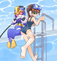 Rule 34 | 2girls, aile (mega man zx), ass, back, bare shoulders, barefoot, blush, blush stickers, brown hair, cable, capcom, caustics, feet, from behind, goggles, goggles on head, green eyes, ladder, looking back, lurerre (mega man), mega man (series), mega man zx, mermaid, monster girl, multiple girls, one-piece swimsuit, pool, pool ladder, school swimsuit, shigehiro (hiroi heya), short hair, sitting, soles, swimsuit, underwater, wading, water
