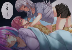Rule 34 | ..., 3girls, absurdres, all fours, animal print, bear print, black shorts, blanket, blurry, blurry foreground, blush, breasts, breasts out, breath, closed eyes, closed mouth, eye contact, girl on top, highres, hololive, houshou marine, koubou (cowbow kun), large breasts, long hair, looking at another, lying, minato aqua, multiple girls, murasaki shion, navel, nose blush, on back, on side, open mouth, open pajamas, pajamas, pinned, purple hair, red hair, shirt, short shorts, shorts, silver hair, sleeping, smile, t-shirt, under covers, virtual youtuber, wavy mouth, white shirt, yellow eyes, yuri, zzz