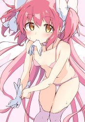 Rule 34 | 1girl, absurdly long hair, adjusting clothes, adjusting gloves, alternate costume, bare arms, bent over, bra, breasts, choker, closed mouth, collarbone, dot nose, feet out of frame, gloves, unworn gloves, hair ribbon, highres, hip bones, hiyama yuki, kaname madoka, knees together feet apart, light blush, long hair, looking at viewer, mahou shoujo madoka magica, mahou shoujo madoka magica (anime), micro panties, mouth hold, navel, nervous, panties, pink background, pink bra, pink hair, pink panties, pink thighhighs, revealing clothes, ribbon, simple background, small breasts, solo, stomach, sweatdrop, thigh gap, thighhighs, thighs, two side up, ultimate madoka, underwear, underwear only, very long hair, white choker, white gloves, white ribbon, white wings, wings, yellow eyes