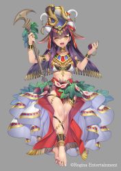 Rule 34 | 1girl, bare shoulders, barefoot, black hair, breasts, cobra (animal), commentary request, egyptian clothes, food, grey background, hair ornament, highres, holding, holding food, holding spring onion, holding staff, holding vegetable, horns, jewelry, large breasts, looking at viewer, navel, official art, onion, open mouth, original, simple background, snake, solo, spring onion, staff, takamiya ren, toe ring, vegetable, wrist cuffs, yellow eyes