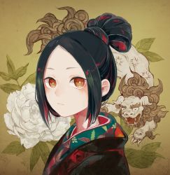 Rule 34 | 1girl, bad id, bad twitter id, black hair, commentary request, expressionless, fine art parody, flower, hair bun, highres, kamura gimi, leaf, lion, looking at viewer, nihonga, original, parody, patterned clothing, portrait, red eyes, single hair bun, solo, white flower