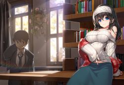 Rule 34 | 10s, 1boy, 1girl, bare shoulders, black hair, black jacket, blue eyes, blue skirt, book, bookshelf, breasts, brown eyes, brown hair, cleavage, closed mouth, clothes lift, collared shirt, curtains, day, headband, highres, idolmaster, idolmaster cinderella girls, indoors, jacket, large breasts, lifted by self, long hair, long sleeves, looking at viewer, off-shoulder, off-shoulder sweater, off shoulder, plaid, plaid scarf, plant, potted plant, red scarf, rheez, ribbed sweater, sagisawa fumika, scarf, shirt, skirt, sleeves past wrists, smile, standing, striped, suit, sunlight, sweater, sweater lift, table, upper body, vertical stripes, white shirt, window, wing collar