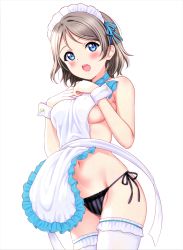 Rule 34 | 1girl, :o, absurdres, apron, bare arms, bare shoulders, black panties, blue eyes, blush, breasts, brown hair, frill trim, frills, hair ornament, hands on own chest, hands up, highres, looking at viewer, love live!, love live! sunshine!!, maid headdress, medium breasts, navel, no bra, open mouth, panties, ribbon-trimmed legwear, ribbon trim, sankuro (agoitei), scan, short hair, side-tie panties, sideboob, simple background, solo, stomach, string panties, striped clothes, striped panties, teeth, thighhighs, underwear, upper teeth only, watanabe you, white background, white thighhighs, wrist cuffs