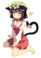 Rule 34 | 1girl, absurdres, animal ear fluff, animal ears, arrow (symbol), barefoot, black hair, bow, brown eyes, cat ears, cat girl, cat tail, chen, china dress, chinese clothes, commentary request, dress, floppy ears, frilled dress, frills, full body, green hat, hair between eyes, hat, heart tail duo, highres, long sleeves, looking at viewer, mob cap, multiple tails, open mouth, seika okawari, short dress, simple background, sitting, sleeveless, sleeveless dress, solo, sweatdrop, tail, toes, touhou, two tails, upturned eyes, v arms, wariza, white background, white bow