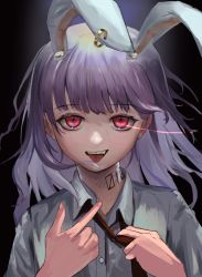 Rule 34 | 1girl, absurdres, adjusting clothes, adjusting necktie, animal ears, dark background, earrings, eye trail, flat chest, henginnnnnn, highres, jewelry, light trail, looking at viewer, necktie, number tattoo, purple hair, rabbit ears, red eyes, red necktie, reisen udongein inaba, simple background, single earring, solo, tattoo, tongue, tongue out, touhou, upper body