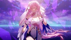 Rule 34 | 1girl, absurdres, bare shoulders, chinese commentary, closed eyes, cloud, commentary request, cowboy shot, daokouniao, detached collar, detached sleeves, elbow gloves, elysia (honkai impact), facing viewer, floating hair, gloves, hair ornament, hand up, heart, heart hair ornament, highres, honkai (series), honkai impact 3rd, horizon, leotard, long hair, multicolored sky, outdoors, pink hair, procreate (medium), purple sky, shards, sky, smile, solo, standing, straight-on, veil, very long hair, white gloves, white leotard