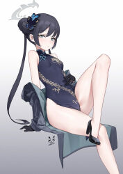 Rule 34 | 1girl, bare shoulders, black dress, black footwear, black gloves, black hair, blue archive, blush, breasts, butterfly hair ornament, china dress, chinese clothes, closed mouth, commentary, dragon print, dress, foot out of frame, gloves, gradient background, grey background, grey eyes, hair ornament, halo, high heels, highres, kisaki (blue archive), legs, long hair, looking at viewer, off shoulder, shadow cat (yingmiao), simple background, sitting, small breasts, thighs, toe cleavage, twintails