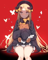 Rule 34 | 1girl, abigail williams (fate), black bow, black dress, black hat, blonde hair, bloomers, bow, bug, butterfly, closed mouth, commentary request, dress, fate/grand order, fate (series), frills, hair bow, hands in opposite sleeves, hat, hona (pixiv7939518), hugging object, insect, long hair, long sleeves, looking at viewer, orange bow, parted bangs, polka dot, polka dot bow, red background, sitting, smile, solo, sparkle, stuffed animal, stuffed toy, teddy bear, underwear, very long hair, white bloomers