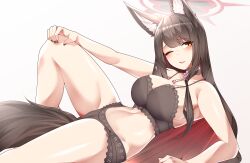Rule 34 | 1girl, absurdres, animal ear fluff, animal ears, black bra, black hair, black panties, blue archive, blush, bra, breasts, commentary request, fox ears, fox girl, fox tail, halo, hand on own knee, highres, knee up, large breasts, long hair, looking at viewer, lying, nail polish, navel, one eye closed, open mouth, panties, samip, sideboob, sidelocks, solo, stomach, tail, teeth, thighs, underwear, underwear only, upper teeth only, very long hair, wakamo (blue archive), yellow eyes