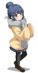 Rule 34 | 1girl, absurdres, aikawa ryou, black pantyhose, blue hair, blue skirt, blush, brown footwear, brown sweater, commentary request, fringe trim, full body, grey scarf, hair bun, highres, loafers, long sleeves, looking at viewer, pantyhose, parted lips, pleated skirt, purple eyes, scarf, shadow, shima rin, shoes, single hair bun, skirt, sleeves past fingers, sleeves past wrists, solo, standing, sweater, white background, yurucamp