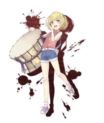 Rule 34 | 1girl, :d, belt, belt pouch, blonde hair, crossover, drop shadow, drum, full body, higurashi no naku koro ni, houjou satoko, instrument, ji no, looking at viewer, official art, open mouth, pouch, red eyes, shirt, shoes, short hair, short shorts, shorts, sinoalice, sleeveless, sleeveless shirt, smile, sneakers, solo, teeth, transparent background, upper teeth only