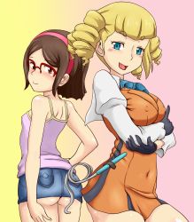 Rule 34 | 10s, 2girls, arm under breasts, ass, blonde hair, blue eyes, blush stickers, breasts, brown eyes, brown hair, denim, denim skirt, drill hair, covered erect nipples, gloves, gundam, gundam build fighters, hairband, hand on own hip, highres, kousaka china, large breasts, looking back, miniskirt, multiple girls, navel, open mouth, short hair, skirt, small breasts, smile, tof, whip, yajima caroline