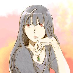 Rule 34 | 10s, 1girl, bad id, bad pixiv id, black hair, blunt bangs, chiyuki (death parade), death parade, female focus, frown, gradient background, head rest, jewelry, kurokami no onna, lipstick, long hair, looking to the side, lowres, makeup, multicolored hair, necklace, pendant, red eyes, short sleeves, sketch, solo, tame, two-tone hair, upper body, white hair