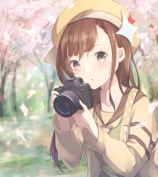 Rule 34 | 1girl, brown eyes, brown hair, brown sailor collar, camera, cardigan, cherry blossoms, collared shirt, green shirt, hat, heart, heart-shaped pupils, highres, holding, holding camera, long hair, long sleeves, open cardigan, open clothes, original, outdoors, sailor collar, sailor shirt, shirt, solo, spring (season), symbol-shaped pupils, upper body, yellow hat, yukkering (yukke)