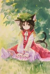 Rule 34 | 1girl, animal ears, between legs, brown eyes, brown hair, cat ears, cat tail, chen, dress, earrings, fingernails, full body, grass, half-closed eyes, hand between legs, hat, jewelry, kaigen 1025, long fingernails, long sleeves, looking at viewer, mob cap, multiple tails, no shoes, outdoors, puffy sleeves, short hair, sitting, smile, socks, solo, spread legs, tail, touhou, white socks