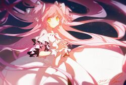 Rule 34 | 1girl, black background, closed mouth, commentary request, dated, dress, highres, interlocked fingers, kaname madoka, long hair, looking at viewer, mahou shoujo madoka magica, noria hpna, own hands together, pink hair, short sleeves, signature, simple background, smile, solo, ultimate madoka, very long hair, white dress, wrist cuffs, yellow eyes