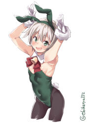 Rule 34 | 1girl, :d, alternate costume, animal ears, armpits, arms up, blonde hair, breasts, brown pantyhose, covered navel, cowboy shot, detached collar, ebifurya, fake animal ears, fur trim, gloves, green eyes, green leotard, hair between eyes, highres, kantai collection, leotard, looking at viewer, messy hair, open mouth, pantyhose, playboy bunny, rabbit ears, rabbit pose, rabbit tail, shading eyes, shimushu (kancolle), short hair, small breasts, smile, strapless, strapless leotard, tail, twitter username, white background, white gloves, wrist cuffs